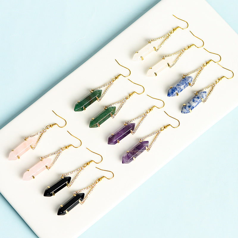 Foreign trade jewelry natural crystal raw stone earrings cute crystal hexagonal prism earrings temperament personality sweet earrings
