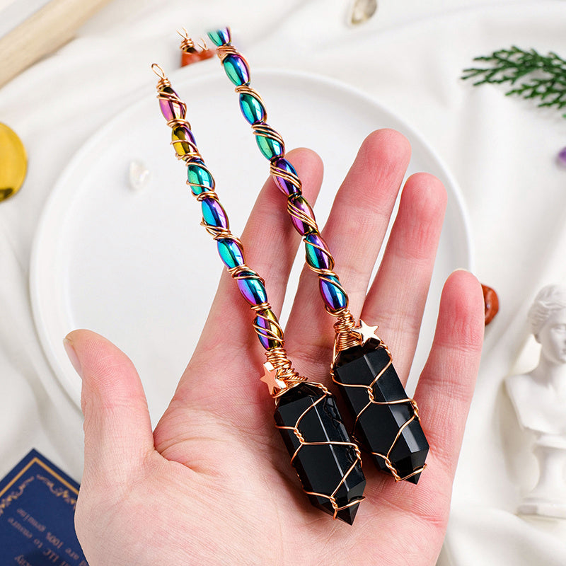 Natural crystal obsidian double pointed column scepter pendant