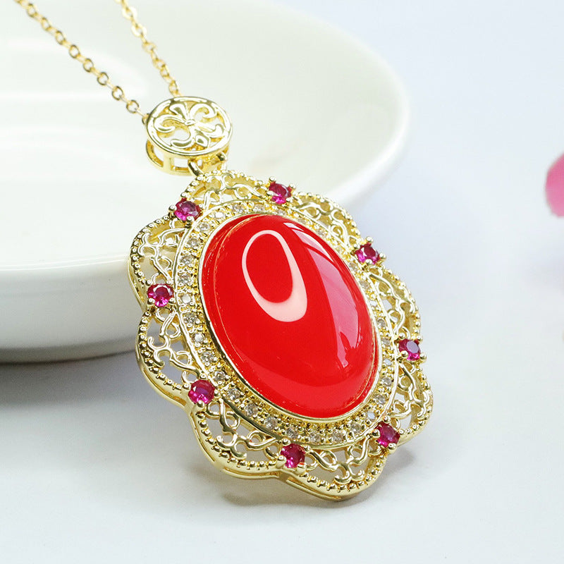 Red Agate Pendant Pigeon Blood Red Pigeon Egg Necklace Retro MN3080409