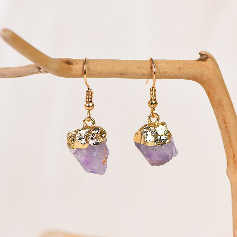 Natural amethyst raw stone gold-plated irregular earrings simple women's handmade earrings 