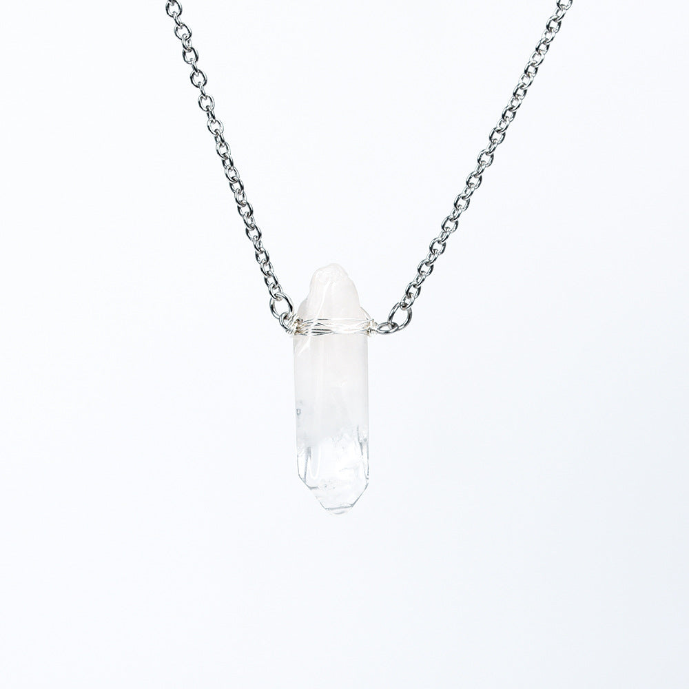 Natural white crystal column pendant wrapped around silk European and American pink and white irregular stone necklace accessories 