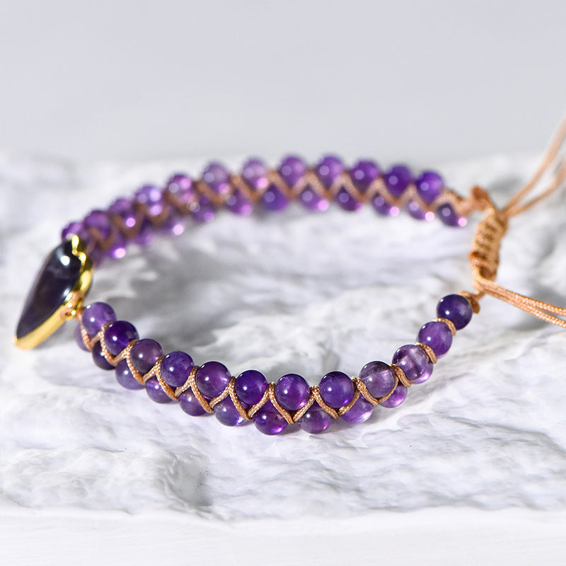 New hand-woven peach heart labradorite bracelet wrapped with amethyst heart-shaped stone adjustable women's bracelet 