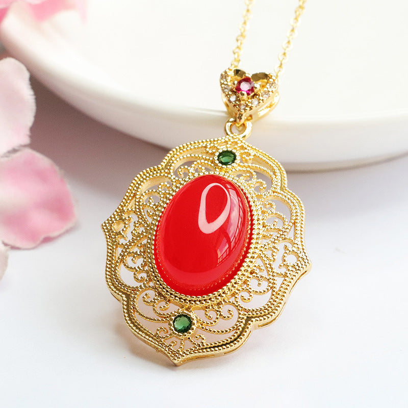 Natural red agate pendant chalcedony hollow auspicious cloud necklace retro MN3110614