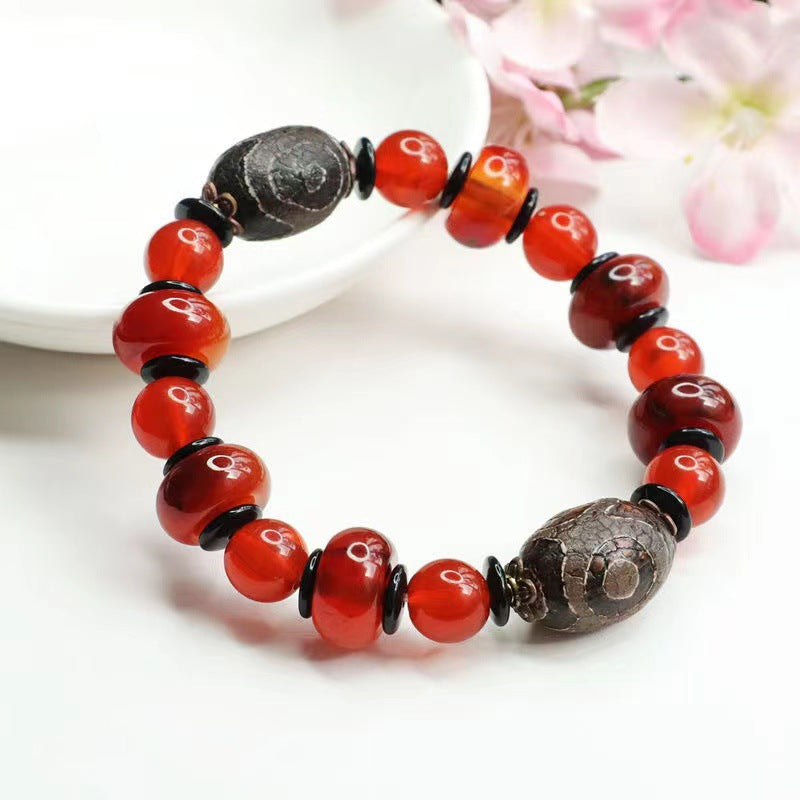 Three Eyes Dzi Bead Bracelet Red Agate Bracelet Chalcedony Jewelry MN1122580