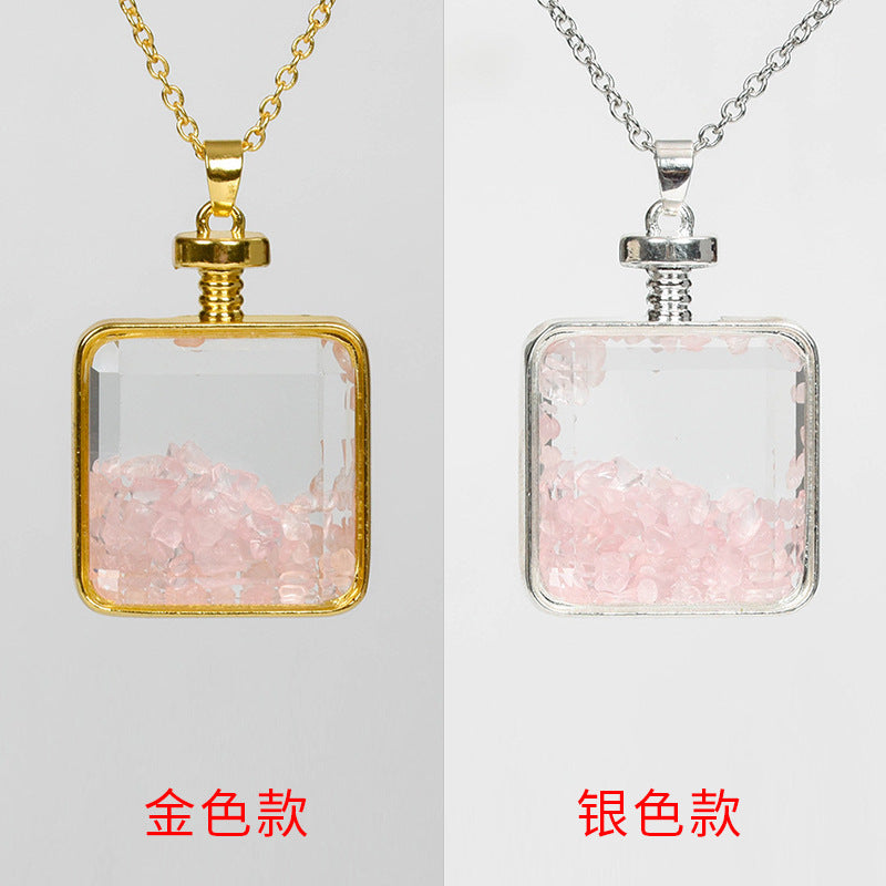 Hot-selling new multi-color optional rose quartz simple personalized necklace round pendant decorated with gravel squares 