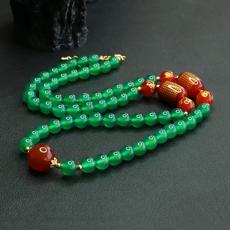 Ice green chalcedony necklace red agate heart sutra sweater chain retro jewelry MN3120607