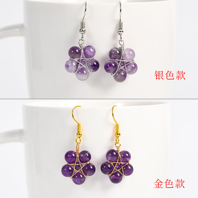 Natural crystal raw stone round beads flower jade earrings hand-wound hot-selling jewelry 