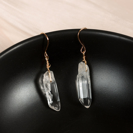 Wholesale natural white crystal column earrings, simple women's long earrings, irregular raw stone earrings 