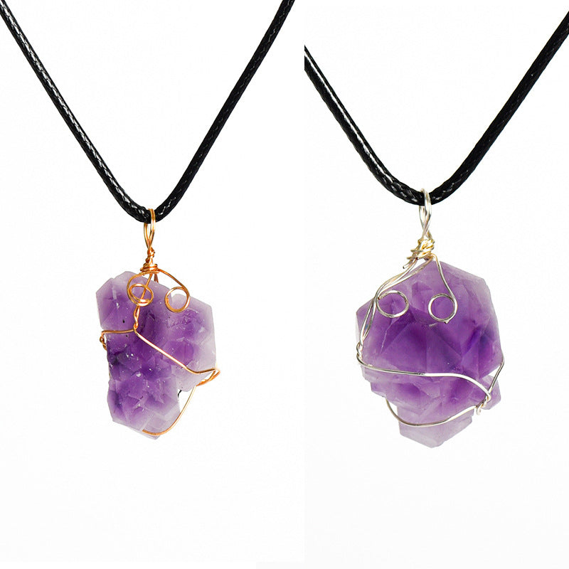 Natural crystal gravel pendant wrapped around wire European and American pink and white amethyst fluorite irregular stone necklace accessories 