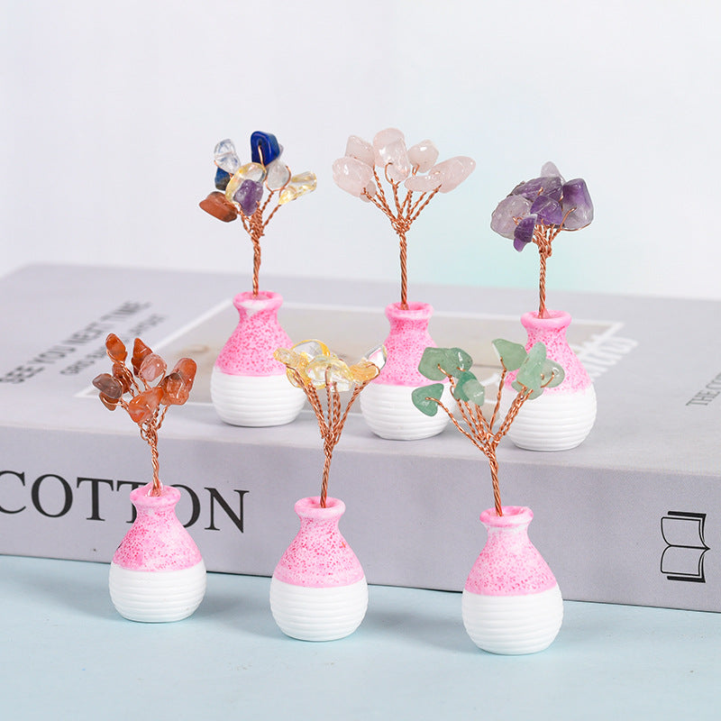 Natural rose quartz raw stone crystal tree ornaments handicrafts amethyst crystal tree home office desk gift tree ornaments 