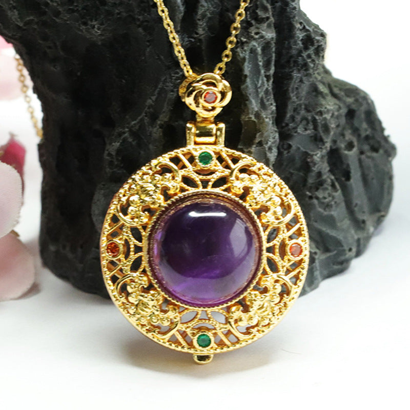 Natural Amethyst Pendant Purple Gem Sachet Openable Necklace CB3091005 