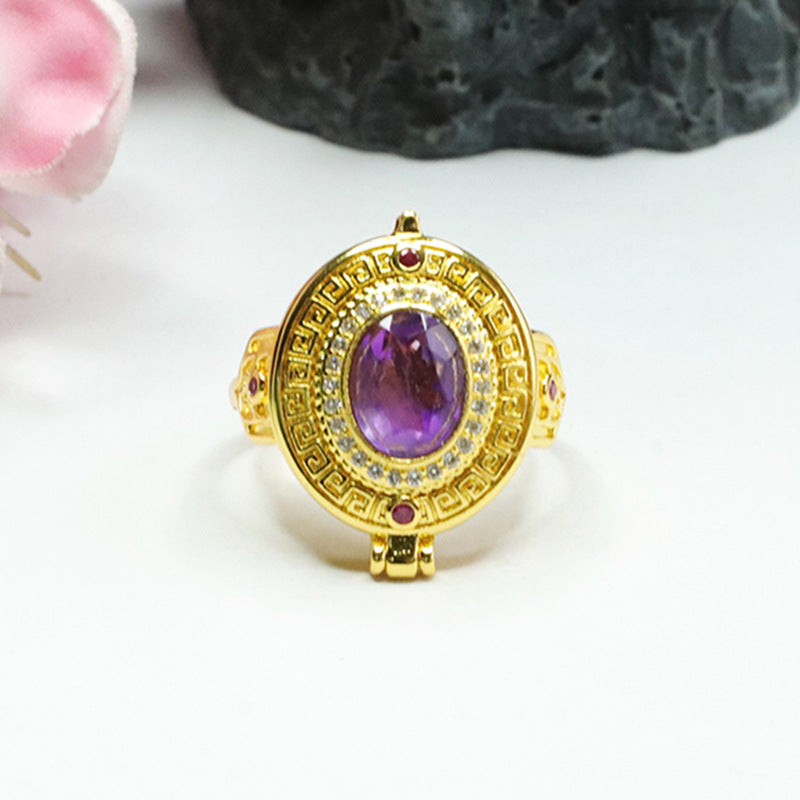 Natural Amethyst Ring Purple Gemstone Sachet Openable Ring CB3091002 