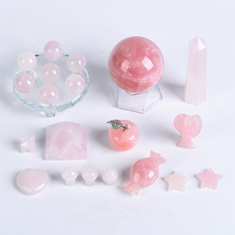 Natural pink crystal box gift combination crystal column crystal ball seven-star array crystal ball carving piece apple combination 