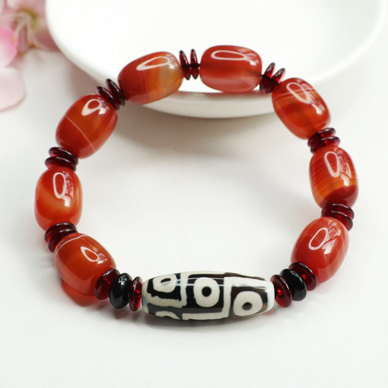 Dzi Bead Bracelet Red Agate Passepartout Chalcedony Jewelry MN1122565