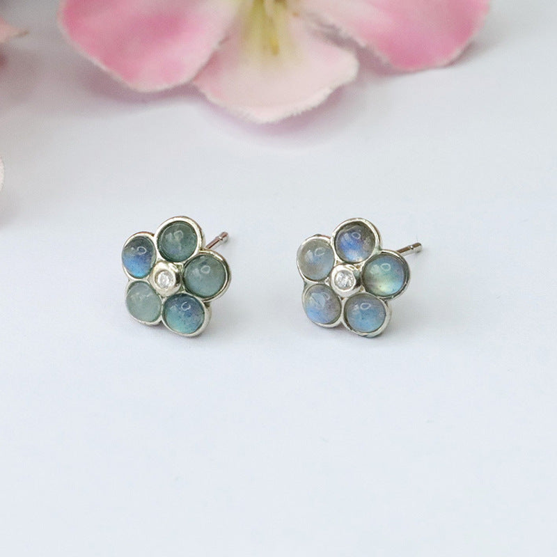 Natural Moonstone Flower S925 Silver Needle Earrings Labradorite Strong Blue Light CB3100311 