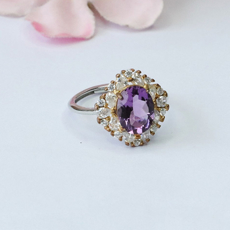 S925 silver inlaid natural amethyst ring purple colored gemstone ring CB3100107 