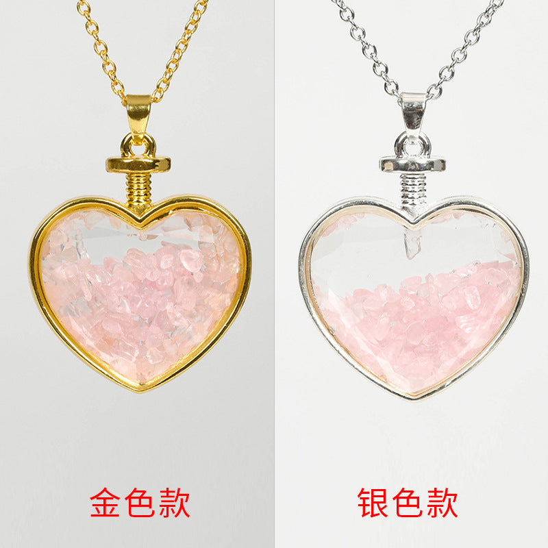 Hot-selling new multi-color optional decorated gravel love rose quartz simple personalized necklace round pendant 