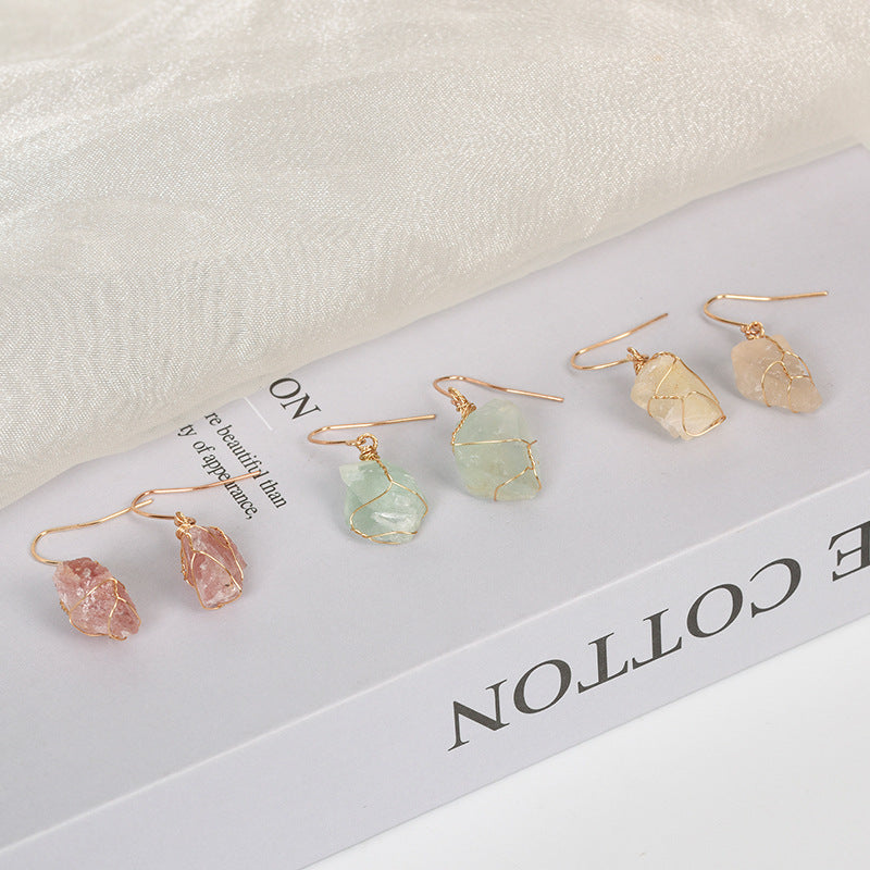 Hot selling natural crystal mixed irregular raw stone earrings creative simple women's handmade earrings 