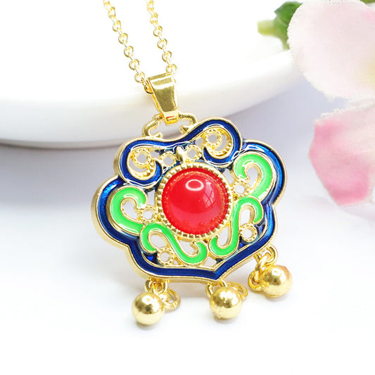 Natural red agate Ruyi lock pendant enamel chalcedony necklace national trend MN3110606