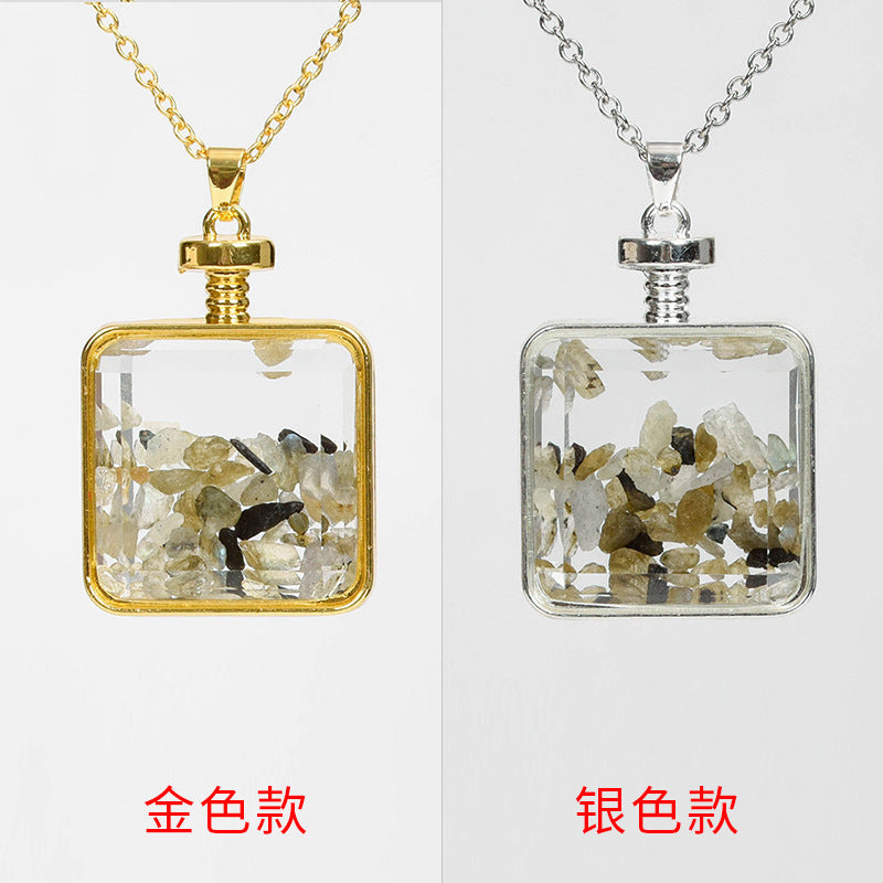 Hot-selling new multi-color optional rose quartz simple personalized necklace round pendant decorated with gravel squares 