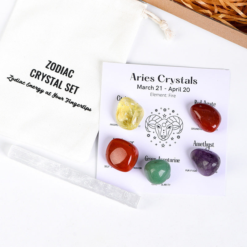 Twelve Constellations Crystal Raw Stone Hot Selling Raw Stone Tumbled Stone Set Festive Gift Indoor Ornament Set Gift Box 