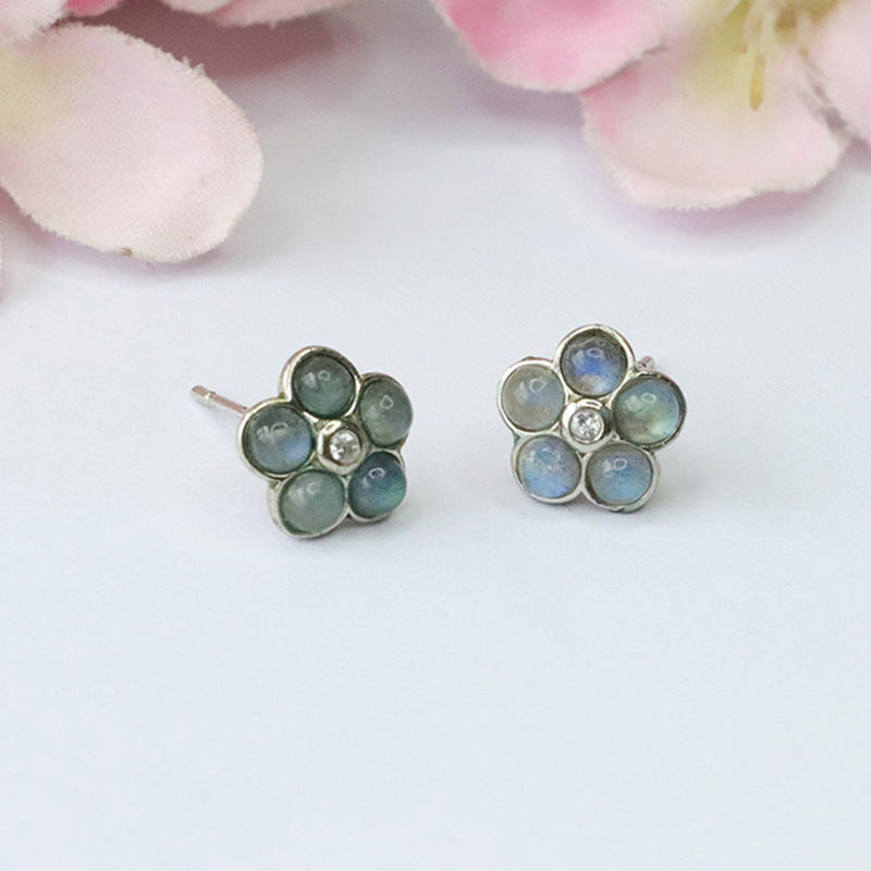 Natural Moonstone Flower S925 Silver Needle Earrings Labradorite Strong Blue Light CB3100311 