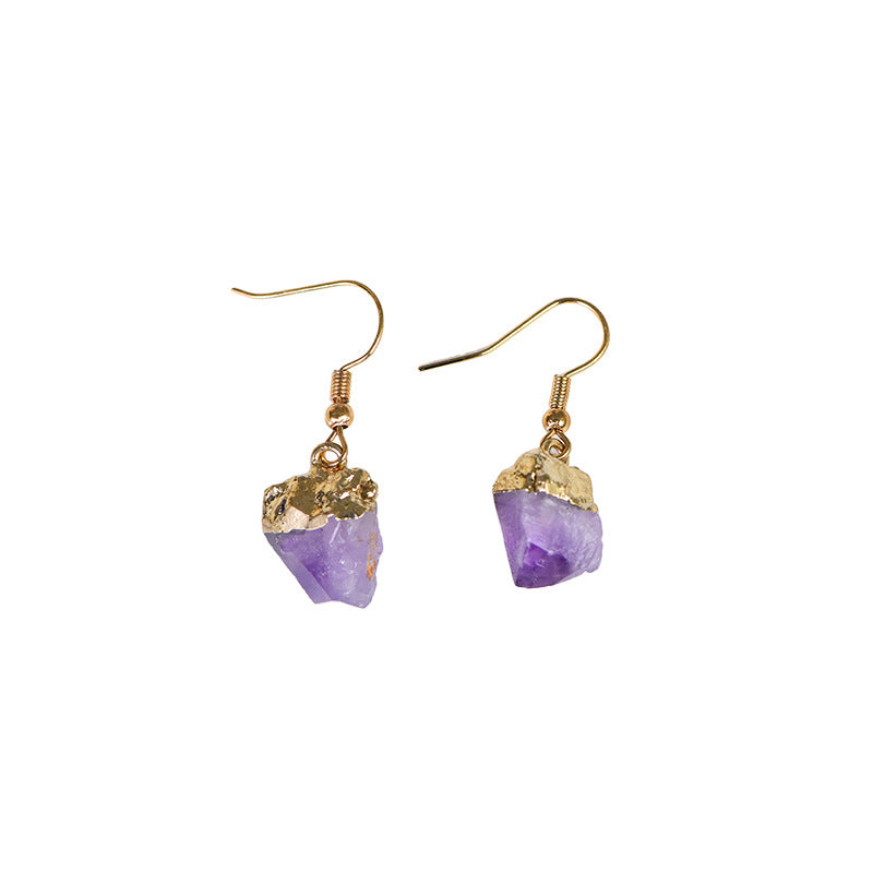 Natural amethyst raw stone gold-plated irregular earrings simple women's handmade earrings 