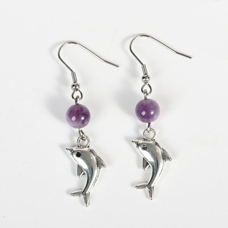 Light luxury fashion amethyst rose quartz earrings high-end design dolphin personality hot-selling new earrings 