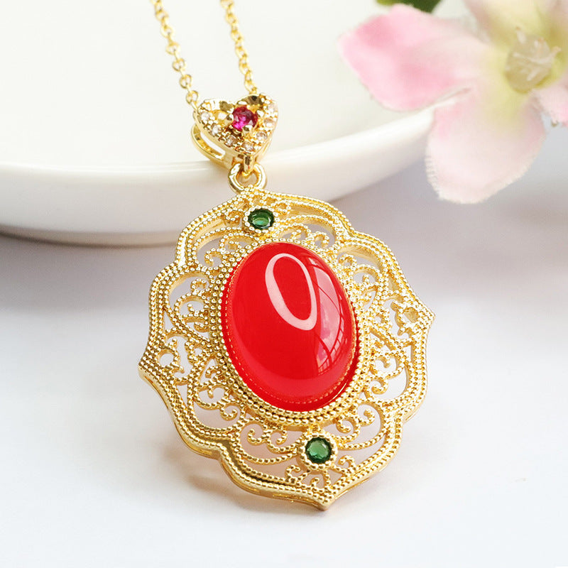 Natural red agate pendant chalcedony hollow auspicious cloud necklace retro MN3110614