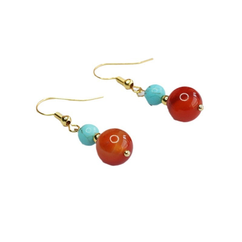 Natural red agate earrings, wire-wrapped striped chalcedony ear hook earrings MN4010102