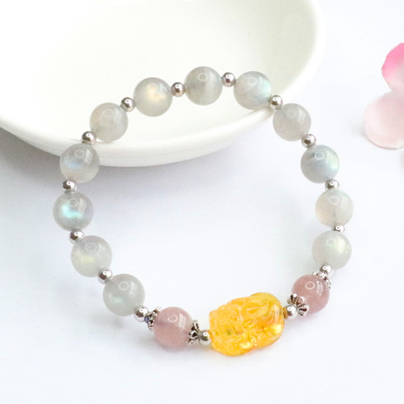 Natural Gray Moonlight Labradorite Strong Blue Light Bracelet Gold Amber Pixiu Bracelet Live Delivery CB2050512 