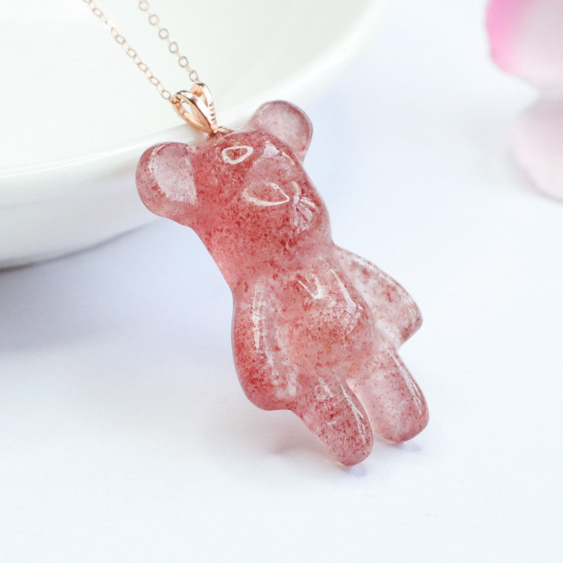 S925 Silver Inlaid Natural Strawberry Crystal Violent Bear Pendant Pigeon Blood Red Jewelry Live Delivery CB2042401 