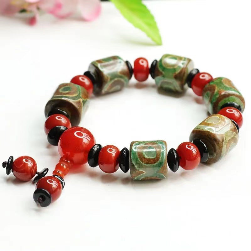 Three-eyed Dzi Beads Red Agate Bucket Beads Bracelet Jewelry MN1122578