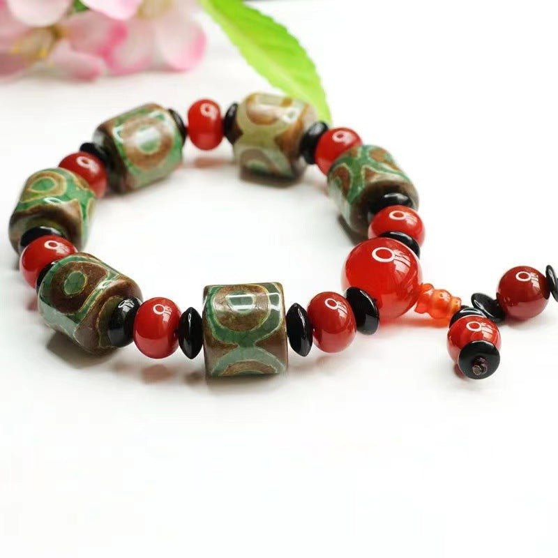 Three-eyed Dzi Beads Red Agate Bucket Beads Bracelet Jewelry MN1122578