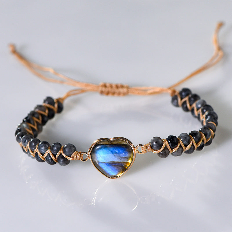 New hand-woven peach heart labradorite bracelet wrapped with amethyst heart-shaped stone adjustable women's bracelet 