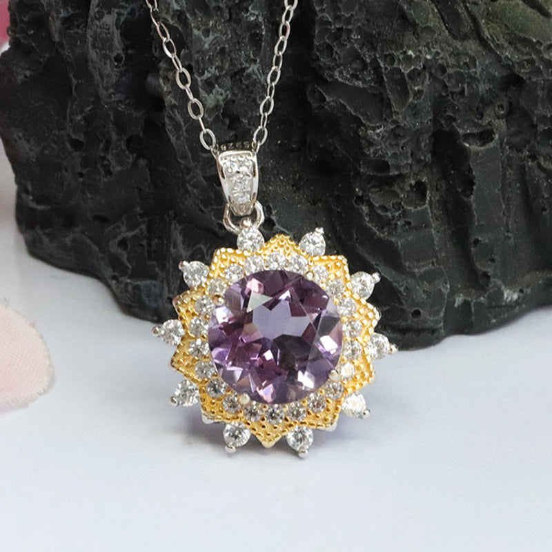 S925 silver inlaid with natural amethyst pendant purple colorful gem necklace CB3110106 