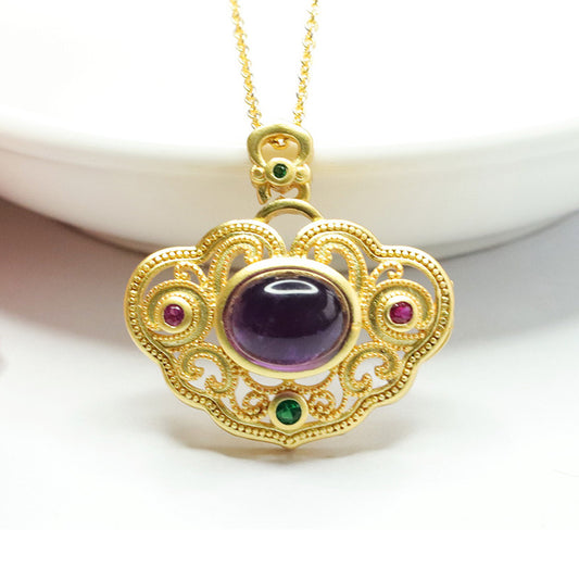 Natural Amethyst Pendant Purple Gemstone Ruyi Necklace Retro CB3091003 