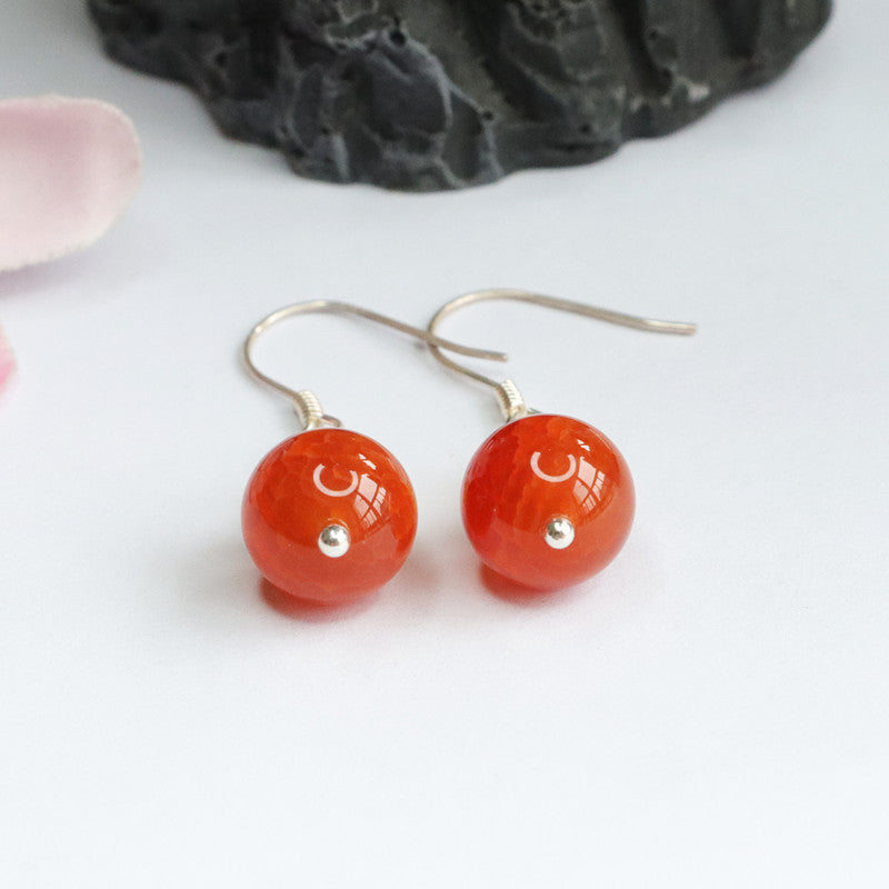 S925 Silver Natural Red Agate Ear Hook Agate Ball Bead Earrings MN2061506