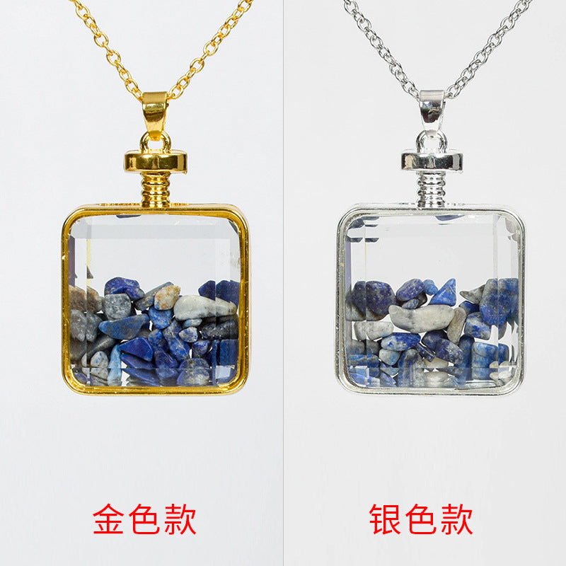 Hot-selling new multi-color optional rose quartz simple personalized necklace round pendant decorated with gravel squares 