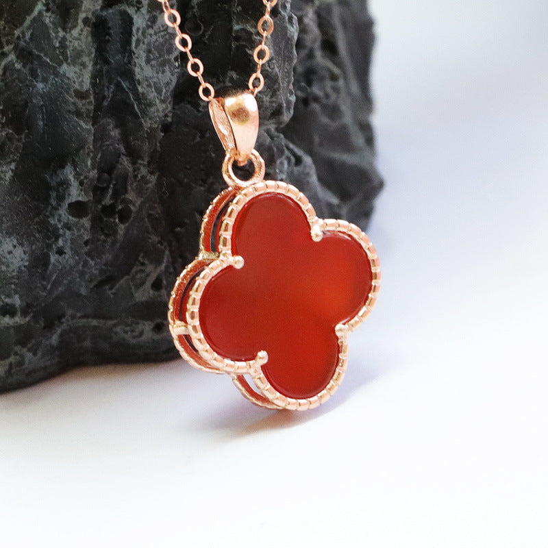 Customized S925 silver inlaid with natural red agate pendant chalcedony four-leaf clover MN2101003