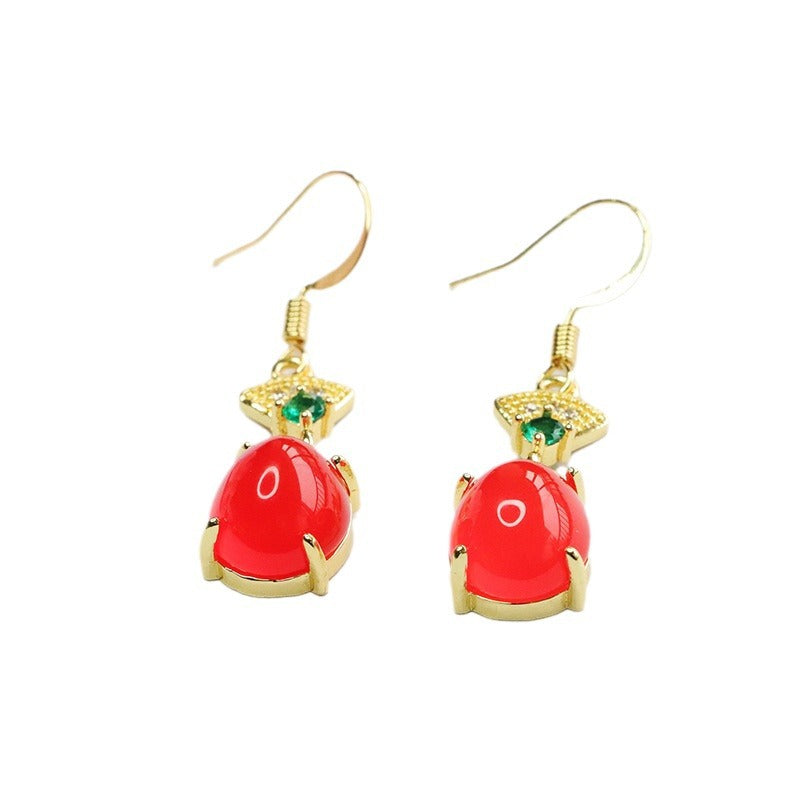 Ice green chalcedony ear red agate ear hook earrings for women new Chinese style MN4013011