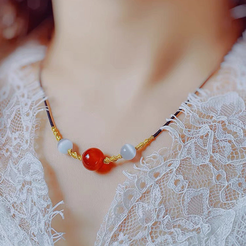 Acacia bean red agate clavicle necklace bracelet Xiaohongshu Douyin same style cat's eye stone MN2061209