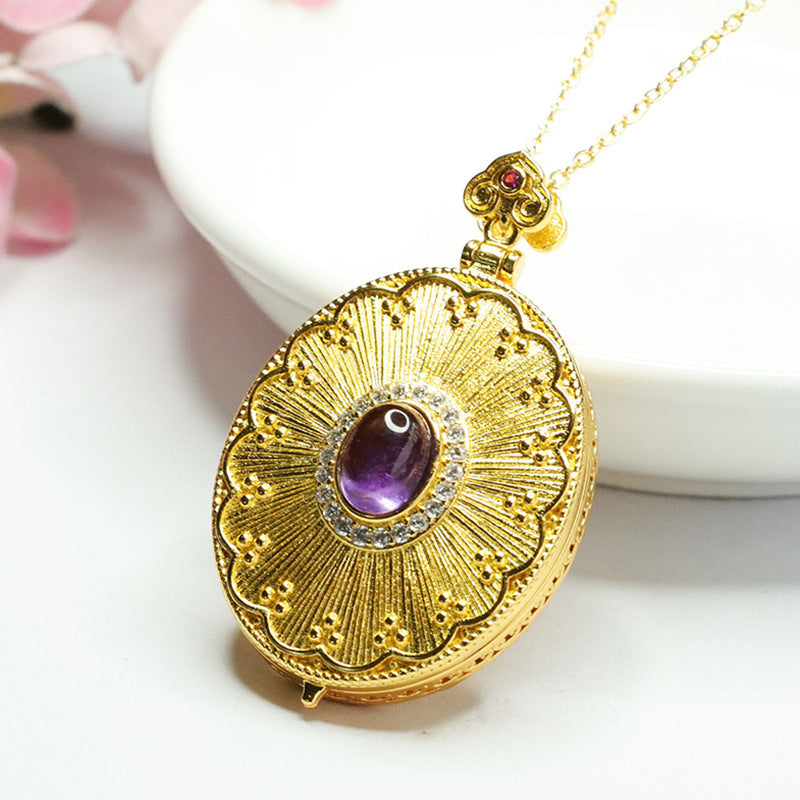 Natural Amethyst Pendant Purple Gemstone Guanyin Photo Box Necklace Antique Jewelry CB3091004 