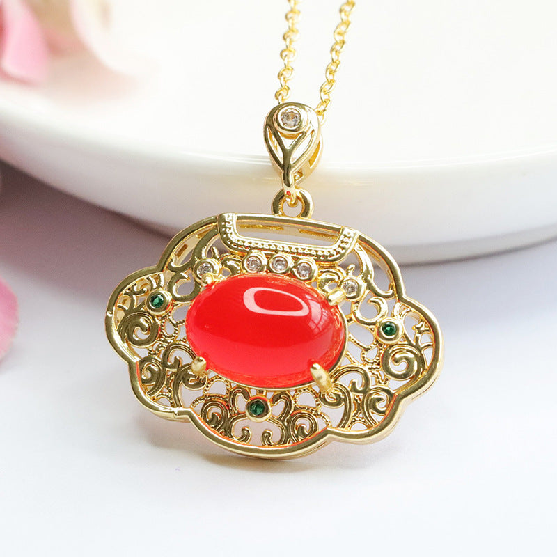 Natural red agate Ruyi lock pendant chrysoprase necklace retro jewelry MN3110511