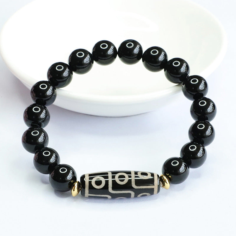 Nine Eyes Dzi Bead Bracelet Black Agate Bracelet Crystal Jewelry MN3063001 