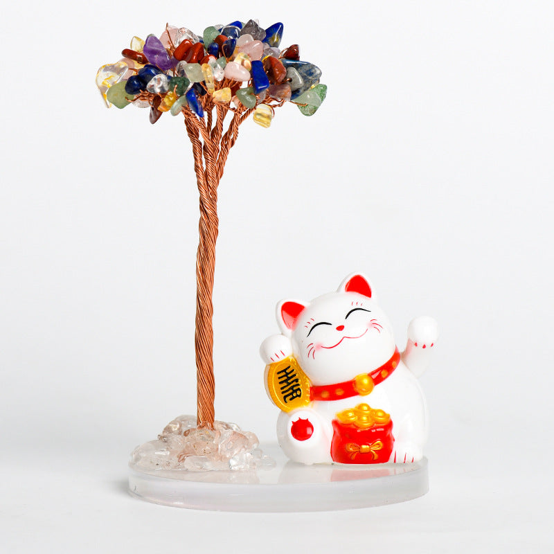 Natural crystal tree gravel ornaments crystal tree home creative office decoration crafts white cat style 