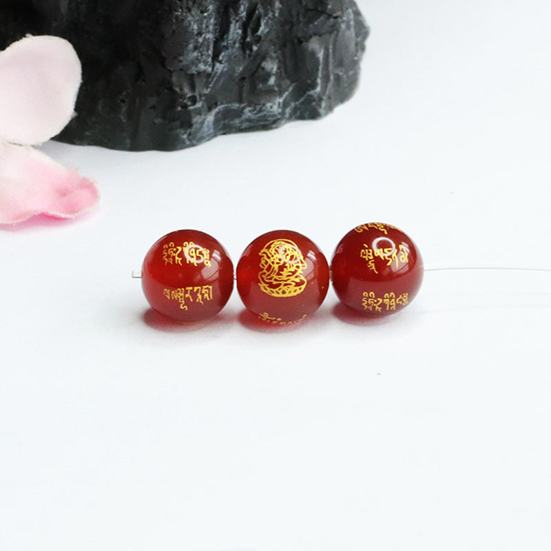 Red agate loose beads with engraved five-way wealth chalcedony round beads DIYMN3121501