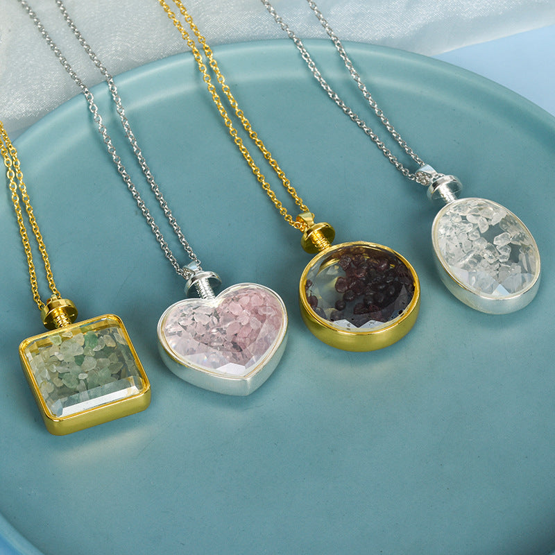 Hot-selling new multi-color optional rose quartz simple personalized necklace round pendant decorated with gravel squares 