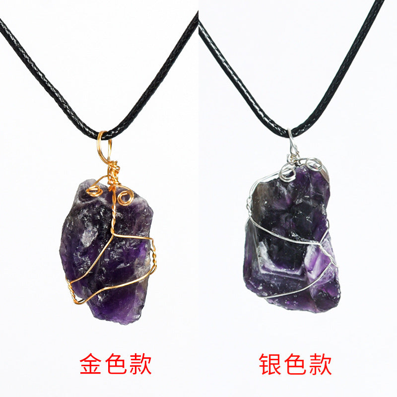 Natural crystal gravel pendant wrapped around wire European and American pink and white amethyst fluorite irregular stone necklace accessories 