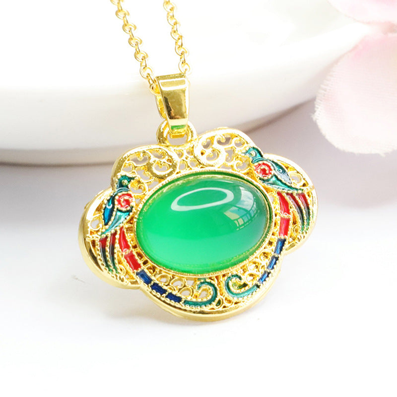 Natural red agate Ruyi pendant enamel green chalcedony necklace national trend MN3110611